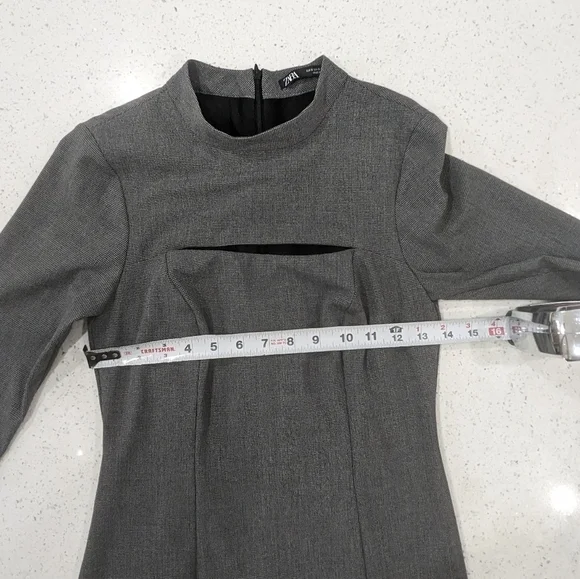 Zara gray front chest cut out Houndstooth sheath mini dress long sleeves size S - Picture 4 of 12